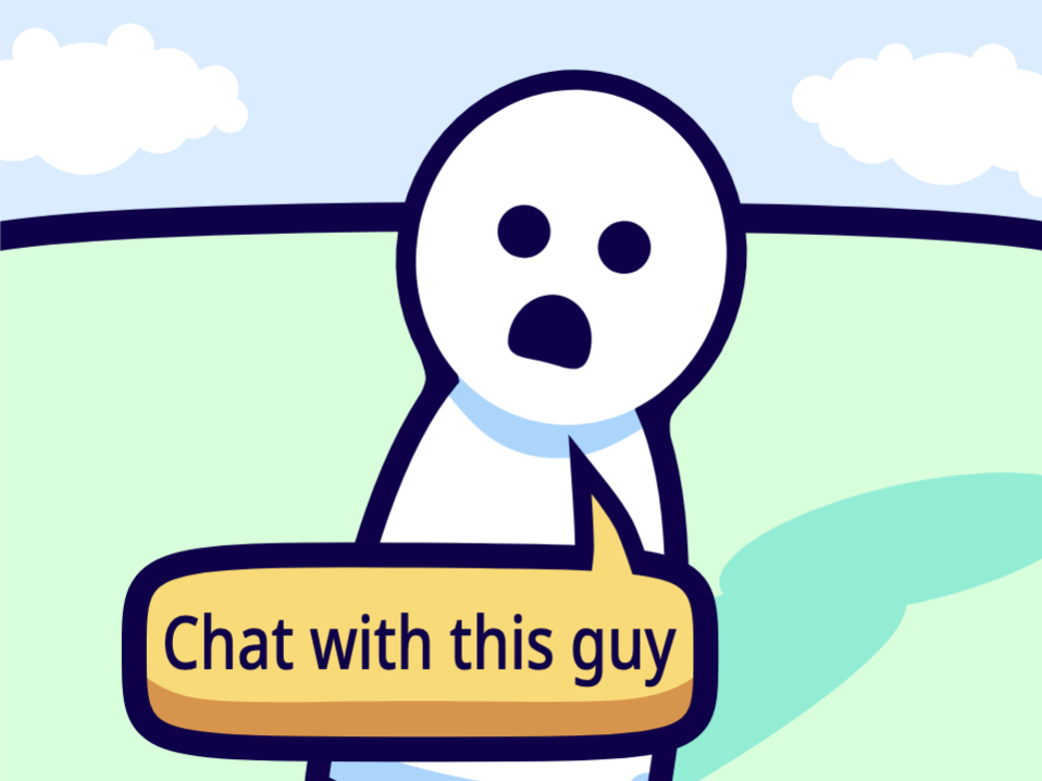 a blob character looking with a flashlight