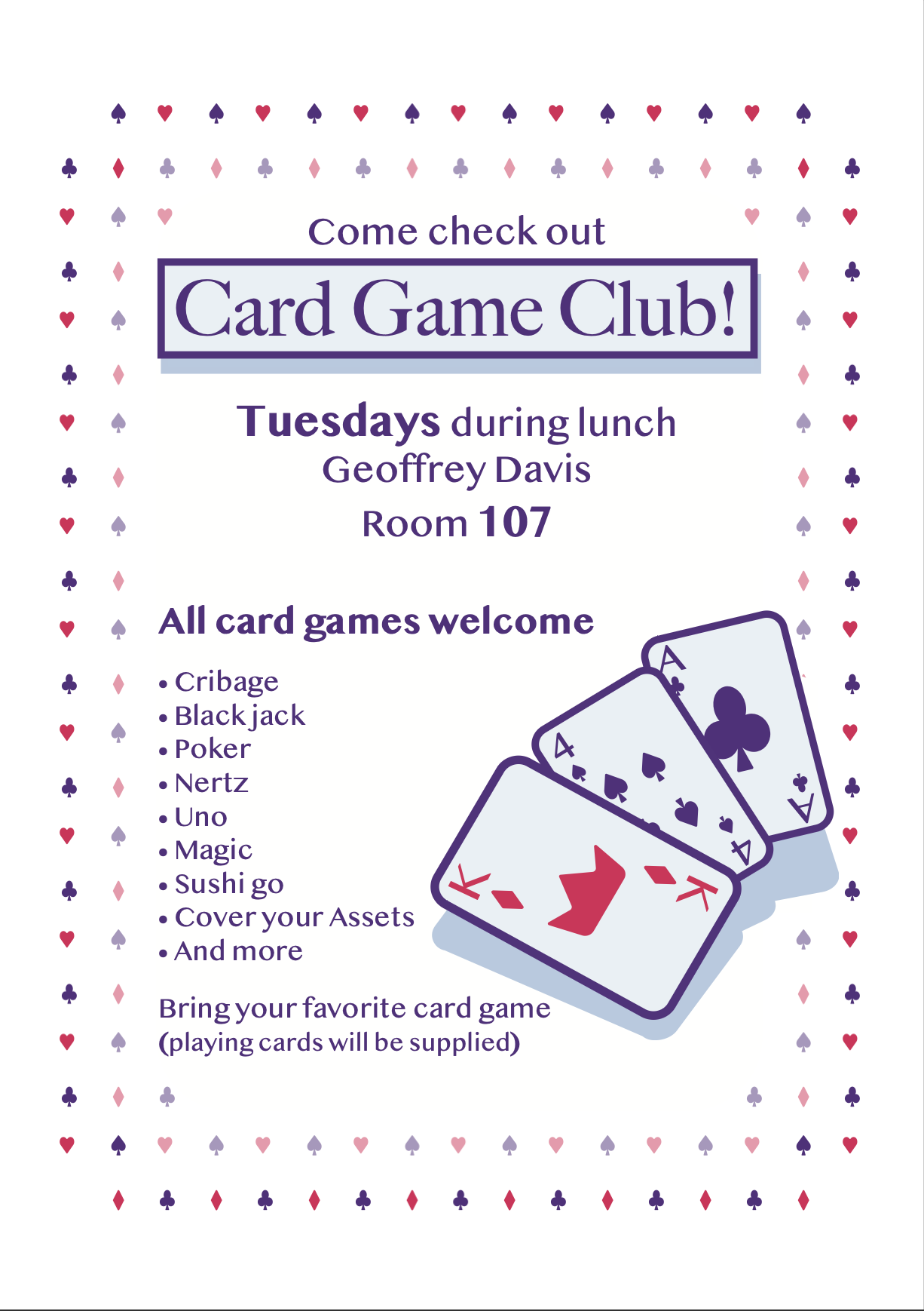 a poster spreading word about a schools card game club