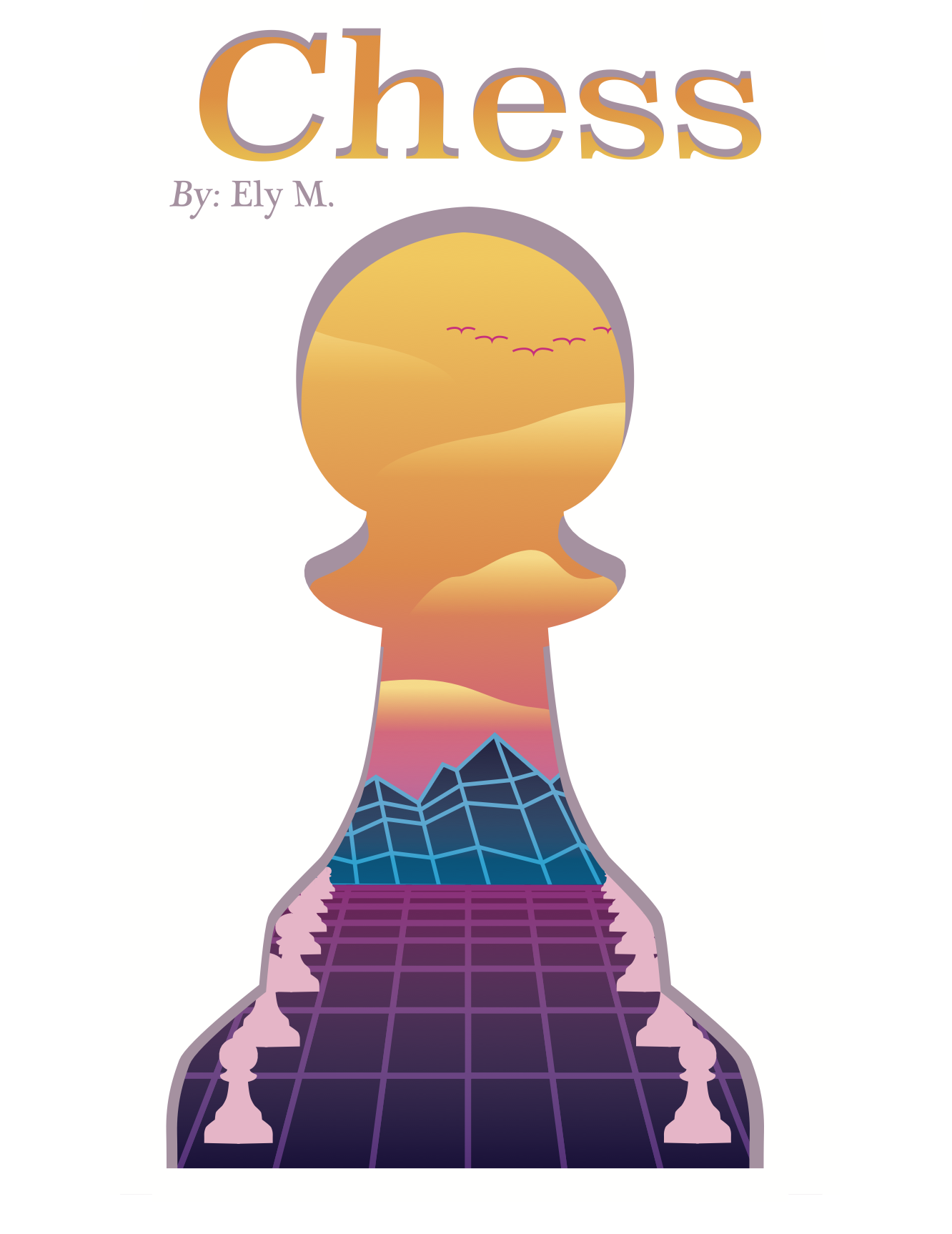 the front cover of a chess graphic design book, in a synthwave style