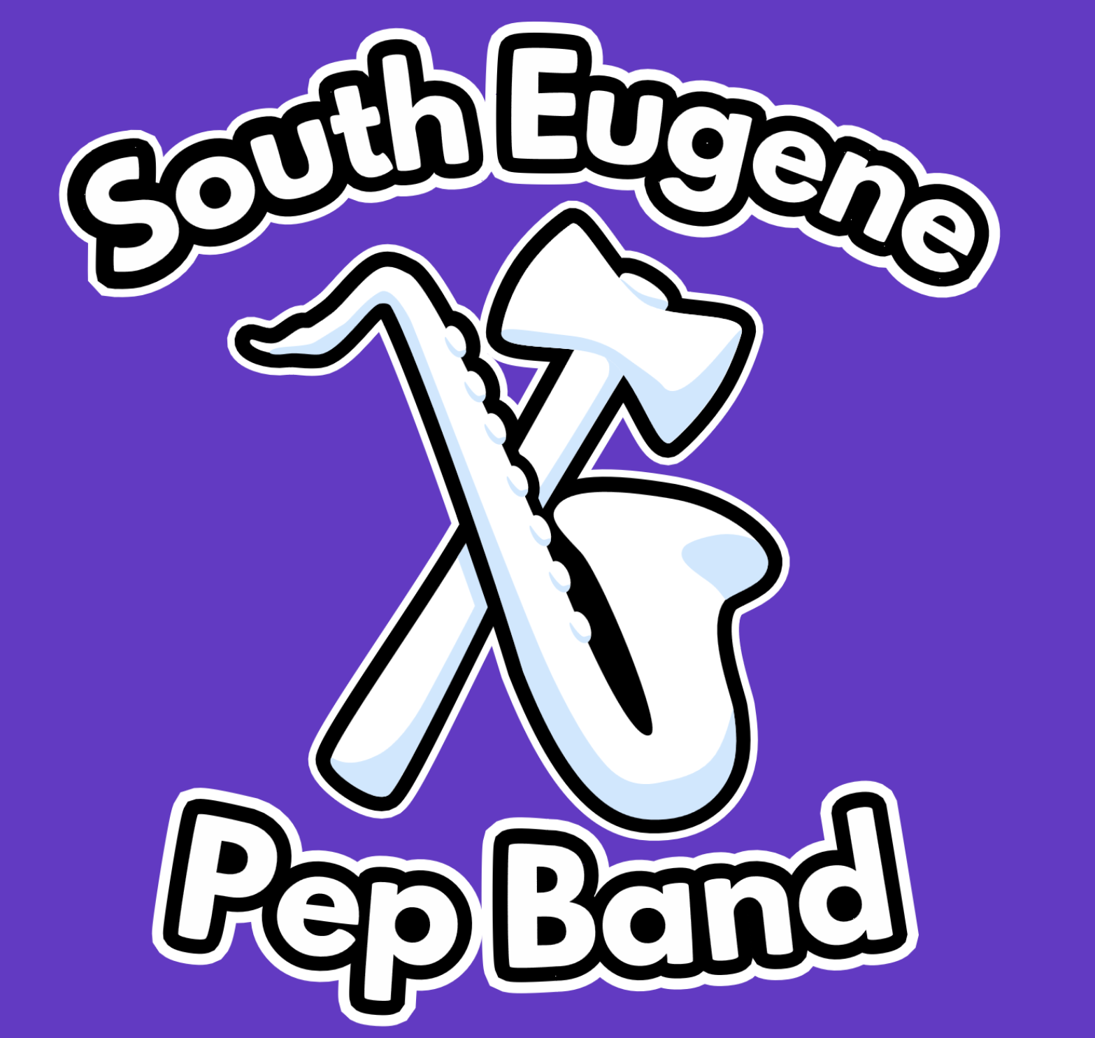 a logo combing an axe with a saxophone